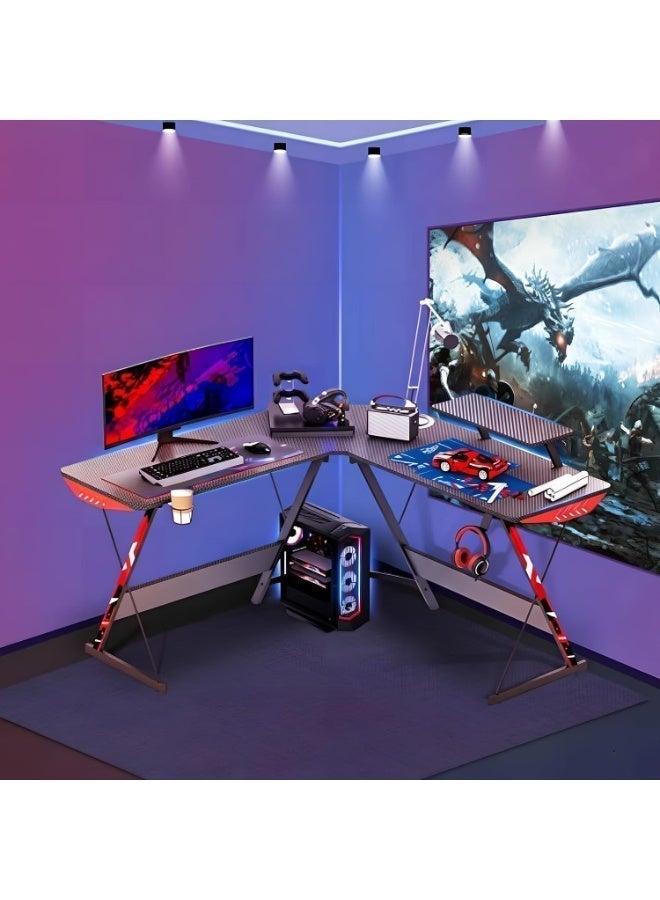 Anvanke 130CM L-Shaped Gaming Desk and Chair Set, Carbon Fiber Surface with Large Monitor Riser, Sturdy PC Workstation for Home Office & Gaming - Image 3
